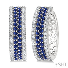 5/8 Ctw Twin Row 1.50MM Round Cut Sapphire and Round Cut Diamond Precious Hoop Earring in 14K White Gold