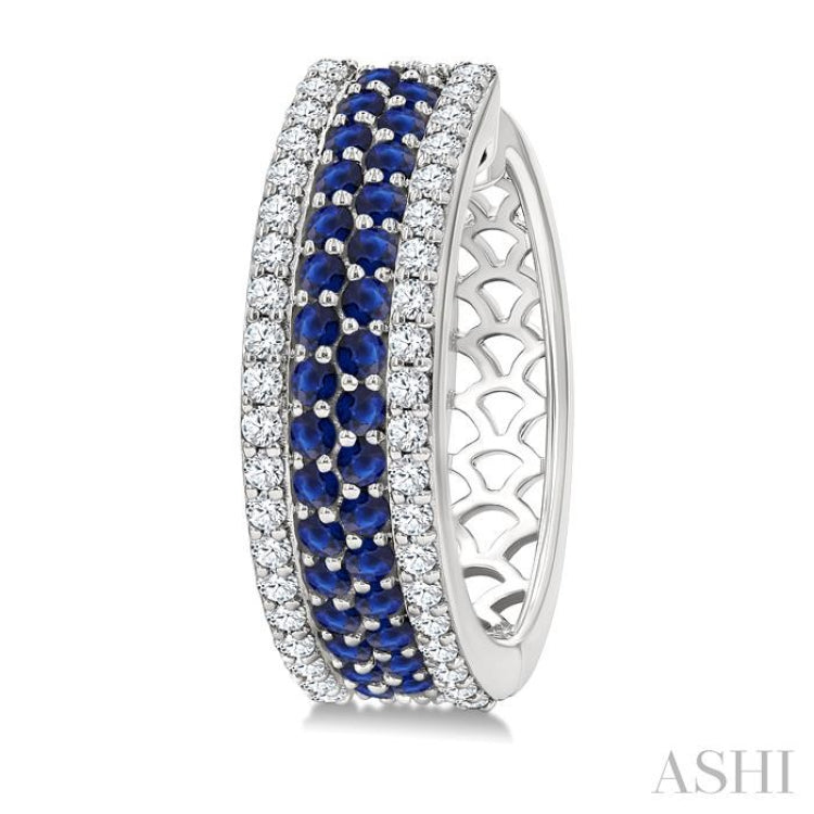 5/8 Ctw Twin Row 1.50MM Round Cut Sapphire and Round Cut Diamond Precious Hoop Earring in 14K White Gold