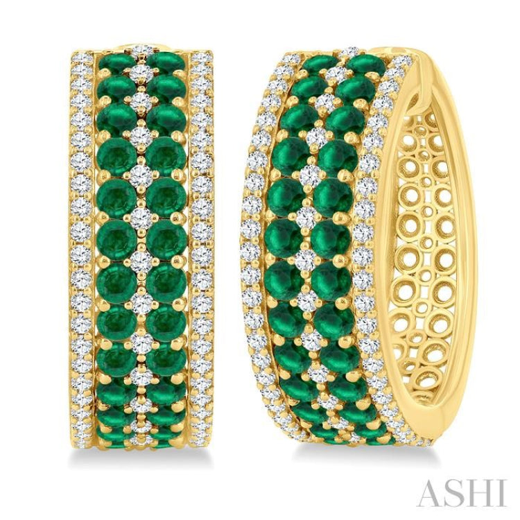 3/4 Ctw 2.00MM Round Cut Emerald and Round Cut Diamond Precious Hoop Earring in 14K Yellow Gold