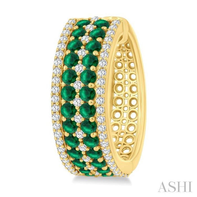 3/4 Ctw 2.00MM Round Cut Emerald and Round Cut Diamond Precious Hoop Earring in 14K Yellow Gold