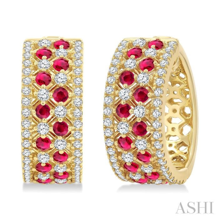 1 Ctw Fretwork 2MM Round Cut Ruby and Round Cut Diamond Precious Hoop Earring in 14K Yellow Gold