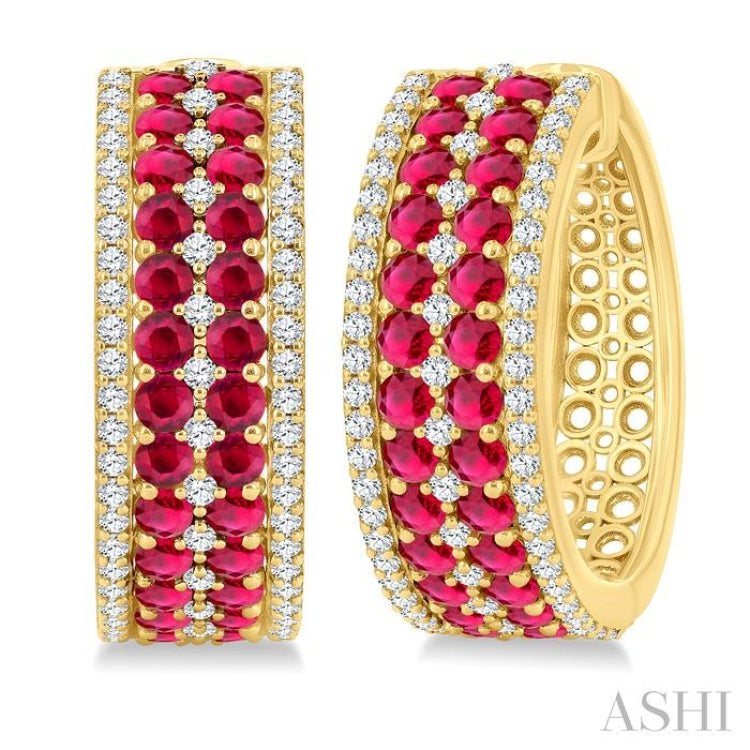 3/4 Ctw 2.00MM Round Cut Ruby and Round Cut Diamond Precious Hoop Earring in 14K Yellow Gold