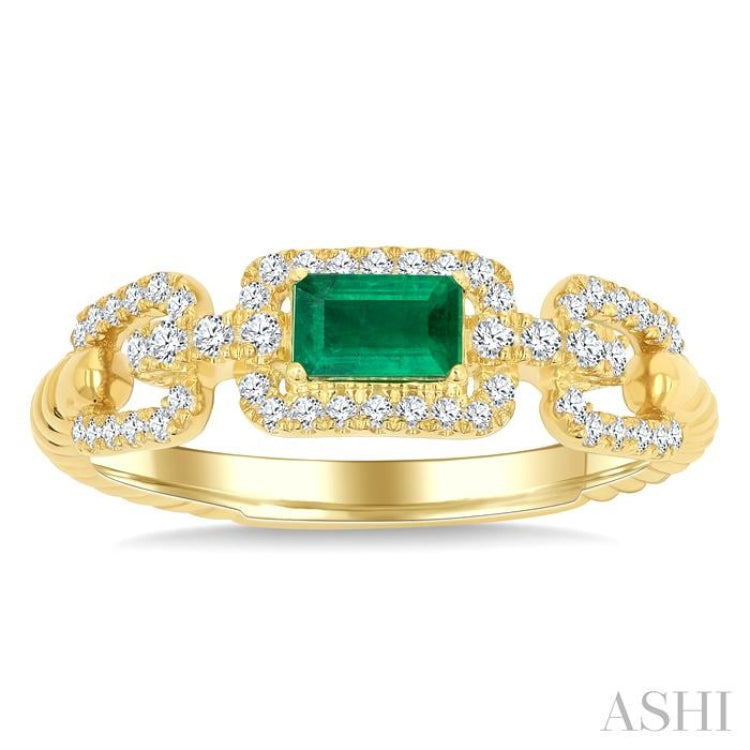 1/4 Ctw 5X3MM Octagon Shape Emerald and Round Cut Diamond Precious Rectangular Open Link Fashion Ring in 14K Yellow Gold