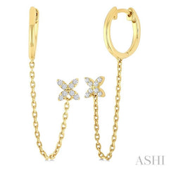 1/10 Ctw Floral Charm Round Cut Diamond Fashion Chain Dangler Hoop Earring in 10K Yellow Gold