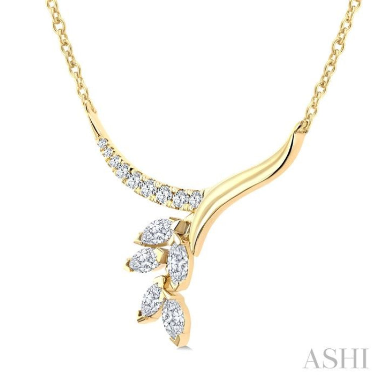 1/3 Ctw Leaf Stem Drop Marquise and Round cut Diamond Fashion Necklace in 14K Yellow Gold