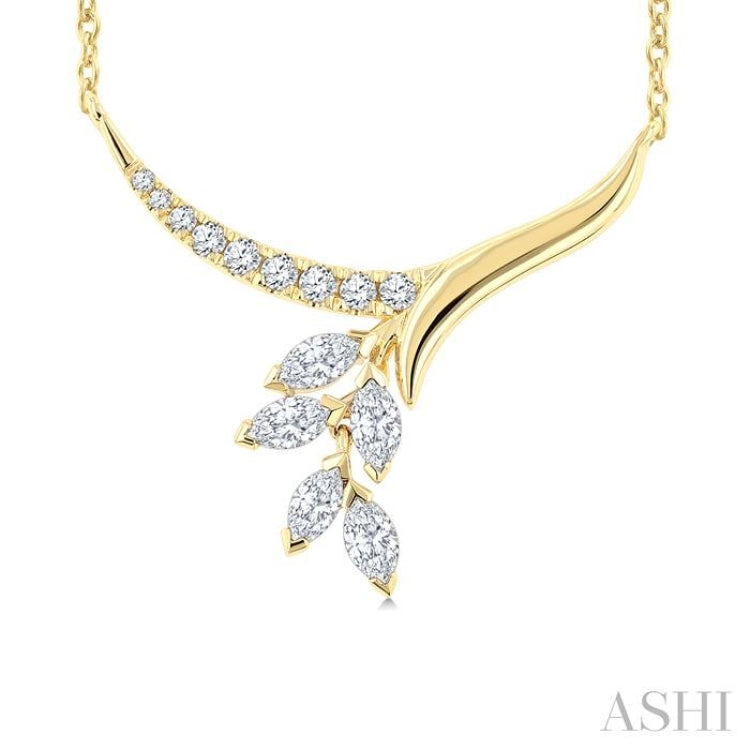 1/3 Ctw Leaf Stem Drop Marquise and Round cut Diamond Fashion Necklace in 14K Yellow Gold