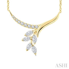 1/3 Ctw Leaf Stem Drop Marquise and Round cut Diamond Fashion Necklace in 14K Yellow Gold
