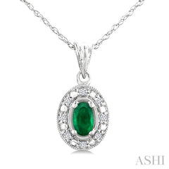 5x3 MM Oval Shape Emerald and 1/20 Ctw Round Cut Diamond Pendant in 14K White Gold with Chain