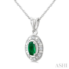 5x3 MM Oval Shape Emerald and 1/20 Ctw Round Cut Diamond Pendant in 14K White Gold with Chain