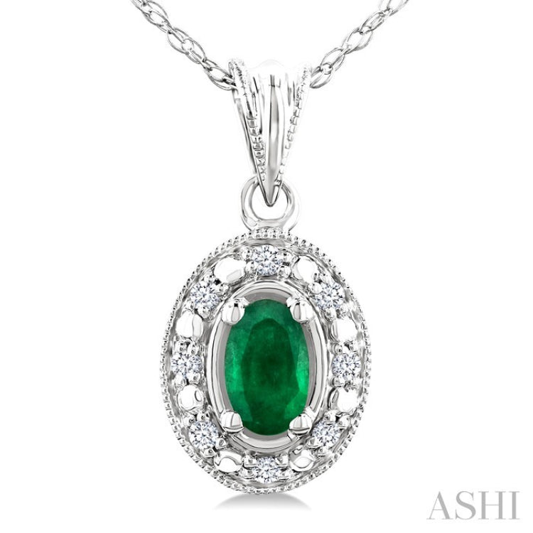 5x3 MM Oval Shape Emerald and 1/20 Ctw Round Cut Diamond Pendant in 14K White Gold with Chain