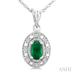 5x3 MM Oval Shape Emerald and 1/20 Ctw Round Cut Diamond Pendant in 14K White Gold with Chain