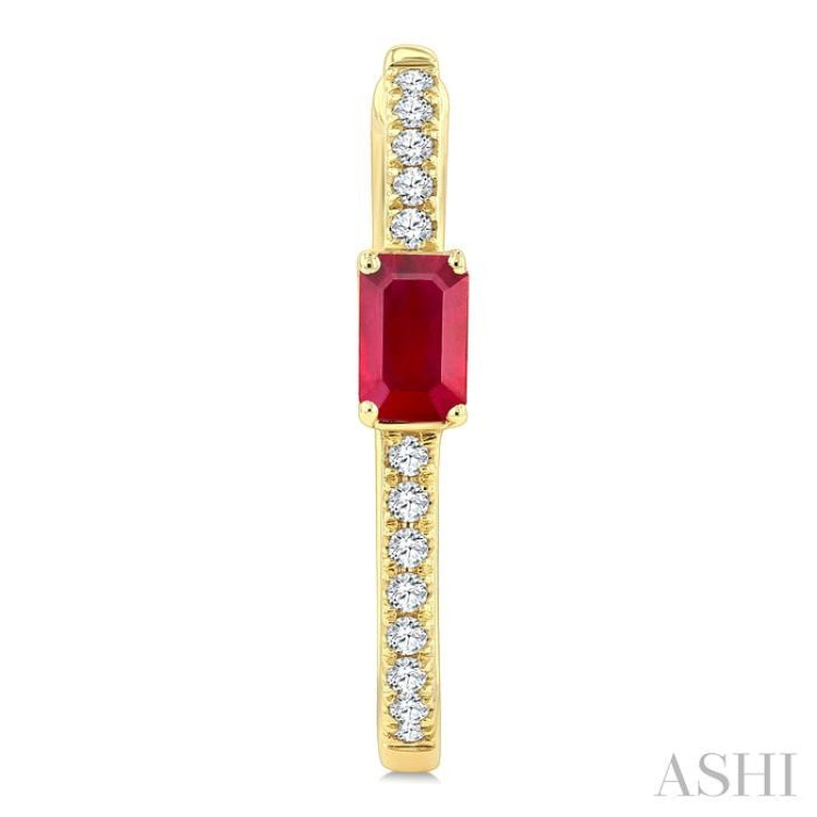 1/5 Ctw Emerald Cut 5X3MM Ruby and Round Cut Diamond Precious Hoop Earrings in 10K Yellow Gold