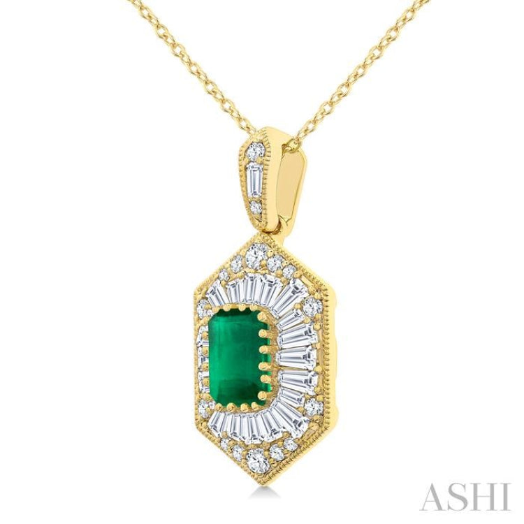 1/2 Ctw Art Deco Hexagon 6X4MM Octagon Shape Emerald, Baguette and Round Cut Diamond Precious Pendant With Chain in 14K Yellow Gold