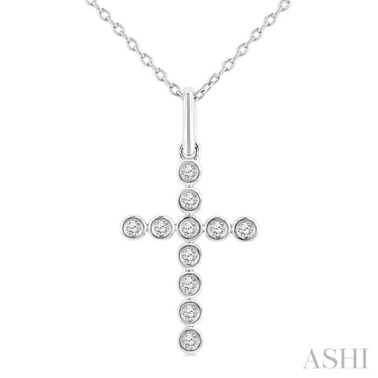 1/10 Ctw Round Cut Diamond Bezel Set Cross Petite Pendant With Chain in 10K White Gold