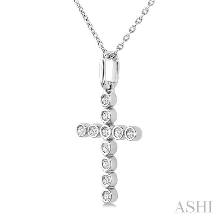 1/10 Ctw Round Cut Diamond Bezel Set Cross Petite Pendant With Chain in 10K White Gold