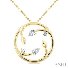 1/4 Ctw Branched Leaf Pear and Round Cut Diamond Circle Fashion Pendant With Chain in 14K Yellow Gold