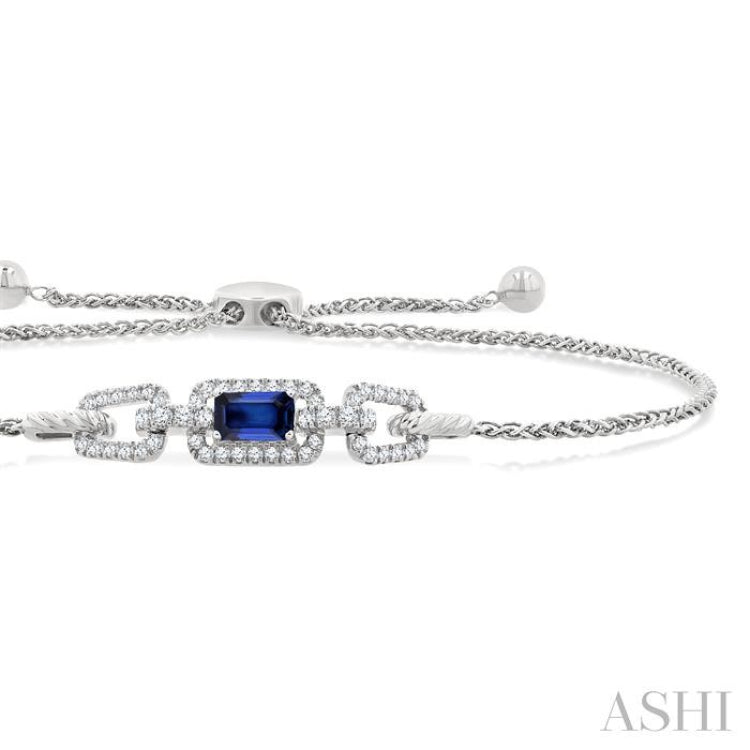 1/4 Ctw 5X3MM Octagon Shape Sapphire and Round Cut Diamond Precious Rectangular Open Link Lariat Bracelet in 14K White Gold