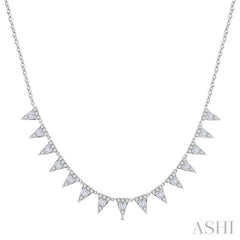 1 1/2 Ctw Inverted Triangle Motif Baguette and Round Cut Diamond Necklace in 14K White Gold