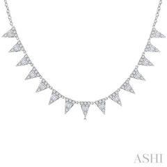 1 1/2 Ctw Inverted Triangle Motif Baguette and Round Cut Diamond Necklace in 14K White Gold