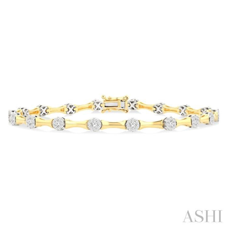 1 1/4 Ctw Lovebright Circular Mount & Bamboo Link Round Cut Diamond Fashion Bracelet in 14K Yellow and White Gold