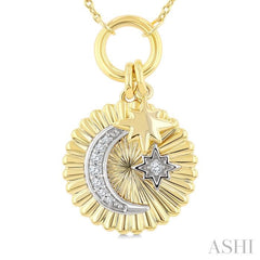 1/20 Ctw Fluted Medallion Crescent Moon & Star Charm Round Cut Diamond Pirouette Fashion Pendant With Chain in 10K Yellow and White Gold