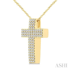 1/3 Ctw Cross Three-Row Pave Set Round cut Diamond Fashion Pendant With Chain in 10K Yellow Gold