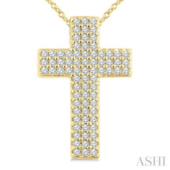 1/3 Ctw Cross Three-Row Pave Set Round cut Diamond Fashion Pendant With Chain in 10K Yellow Gold