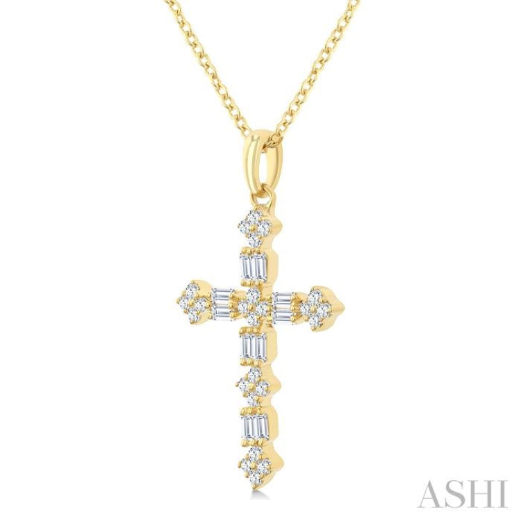 1/3 Ctw Floral Cross Fusion Baguette and Round Cut Diamond Fashion Pendant With Chain in 14K Yellow Gold