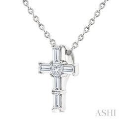 1/6 Ctw Princess and Baguette Cut Diamond Cross Petite Fashion Pendant With Chain in 10K White Gold