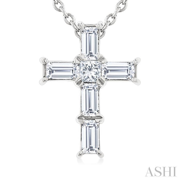 1/6 Ctw Princess and Baguette Cut Diamond Cross Petite Fashion Pendant With Chain in 10K White Gold