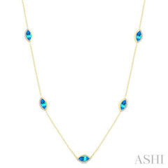 1/4 Ctw 8X4MM Marquise Cut Blue Topaz and Round Cut Diamond Station Necklace in 10K Yellow Gold