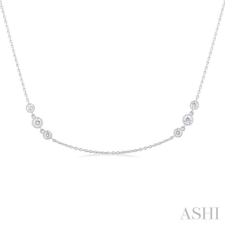 1 Ctw Three Stone Bezel Set Round Cut Diamond Station Necklace in 14K White Gold