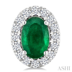 6x4 MM Oval Shape Emerald and 1/4 Ctw Round Cut Diamond Halo Precious Stud Earrings in 14K White Gold