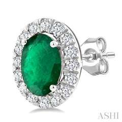 6x4 MM Oval Shape Emerald and 1/4 Ctw Round Cut Diamond Halo Precious Stud Earrings in 14K White Gold
