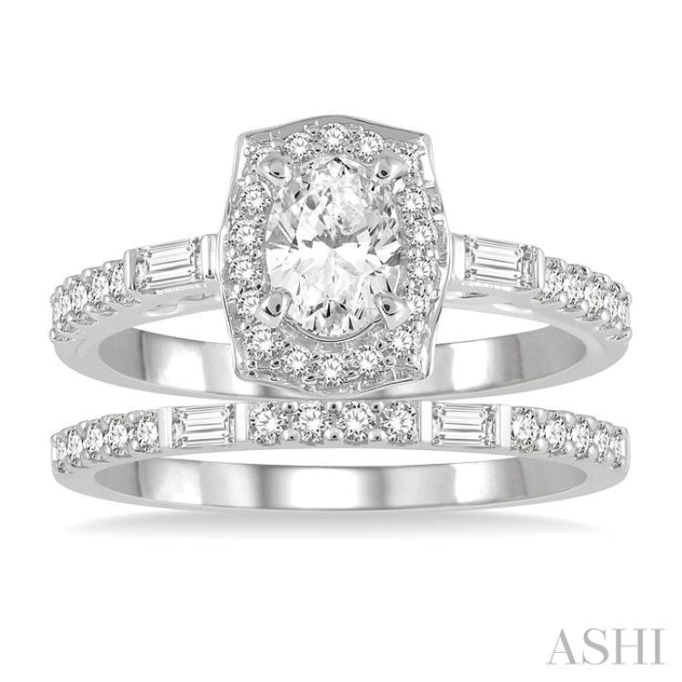 1 Ctw Baguette and Round Cut Diamond Wedding Set With 3/4 Ctw Cushion Shape Oval Cut Engagement Ring and 1/5 Ctw Wedding Band in 14K White Gold
