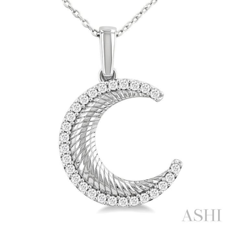 1/5 Ctw Spiral Textured Crescent Moon Round Cut Diamond Pirouette Fashion Pendant With Chain in 14K White Gold