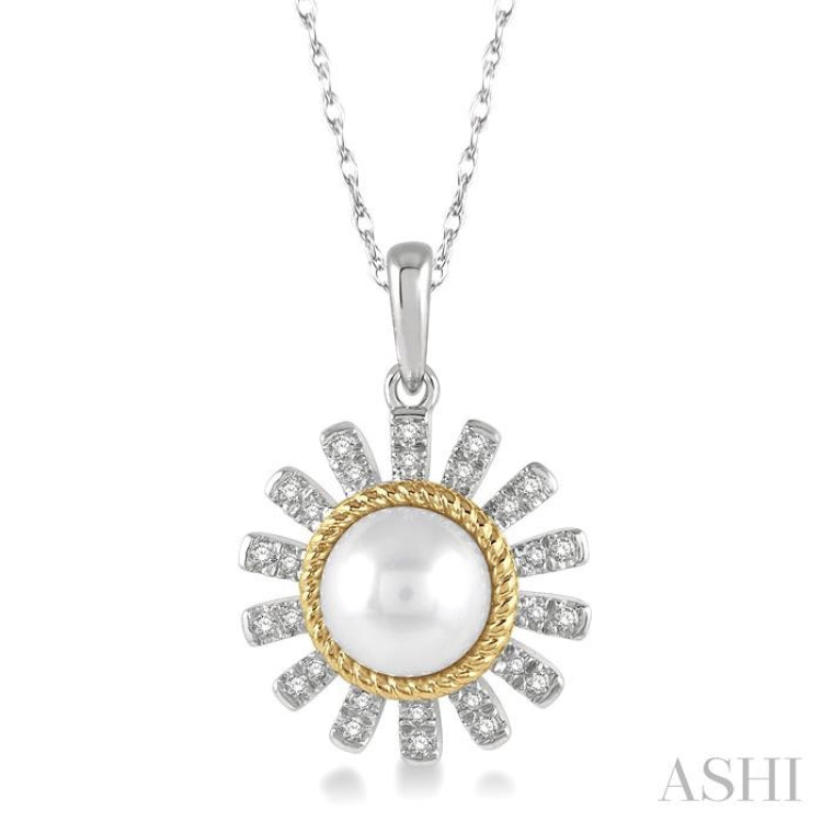 7x7 MM Round Shape Cultured Pearl and 1/8 Ctw Sunflower Round Cut Diamond Pendant With Chain in 10K White and Yellow Gold