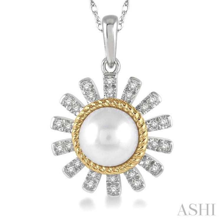 7x7 MM Round Shape Cultured Pearl and 1/8 Ctw Sunflower Round Cut Diamond Pendant With Chain in 10K White and Yellow Gold