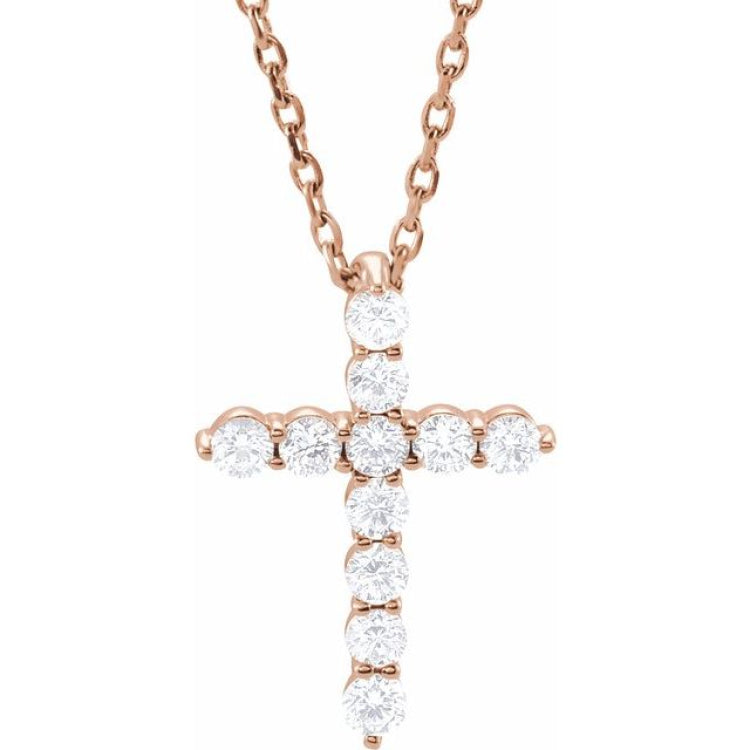 14K Rose Gold 1/4 CTW Natural Diamond Cross 16-18" Necklace