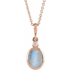 14K Rose Gold 8x6 mm Natural Rainbow Moonstone & .03 CT Natural Diamond 16-18" Necklace