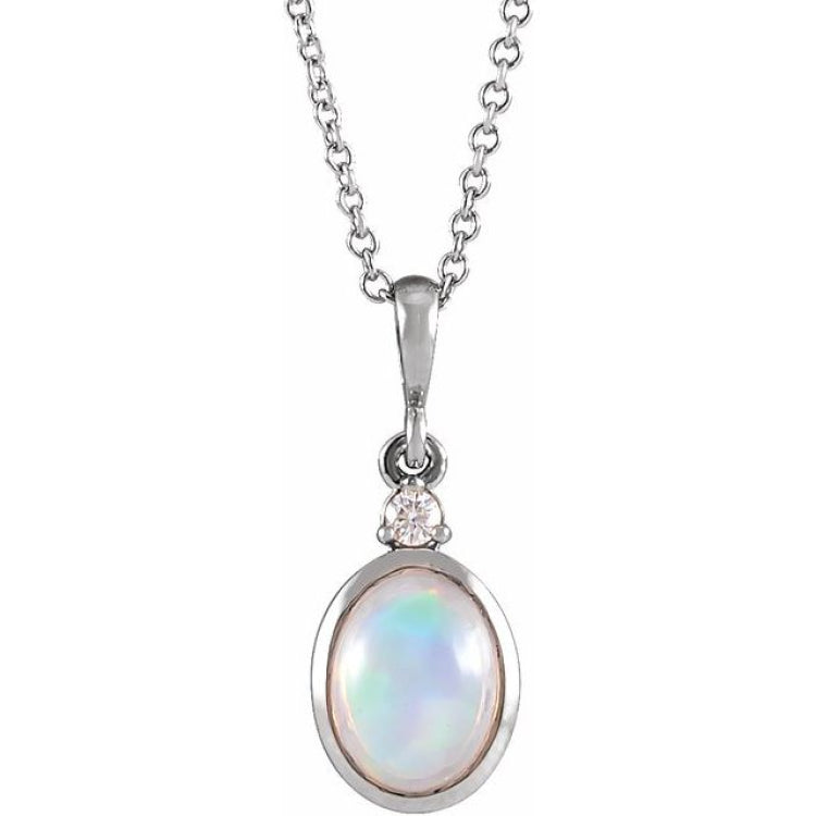 14K White Gold 8x6 mm Natural Ethiopian Opal & .03 CT Natural Diamond 16-18" Necklace