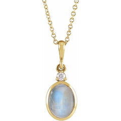 14K Yellow Gold 6x4 mm Natural Rainbow Moonstone & .015 CT Natural Diamond 16-18" Necklace