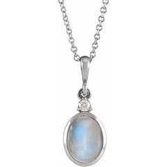 14K White Gold 8x6 mm Natural Rainbow Moonstone & .03 CT Natural Diamond 16-18" Necklace