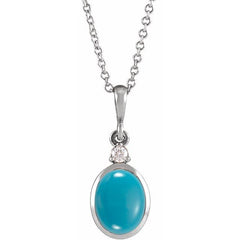 14K White Gold 6x4 mm Natural Turquoise & .015 CT Natural Diamond 16-18" Necklace