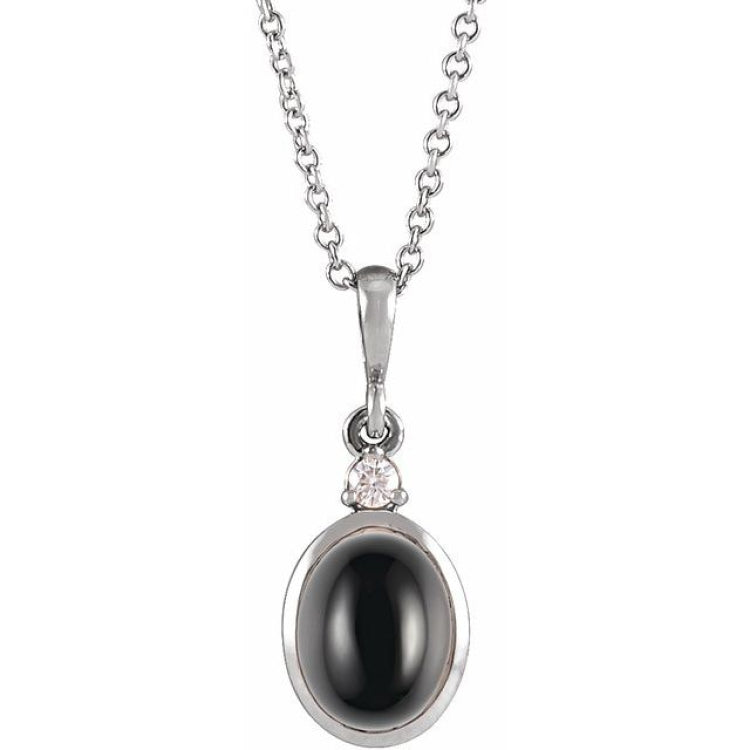 14K White Gold 8x6 mm Natural Black Onyx & .03 CT Natural Diamond 16-18" Necklace