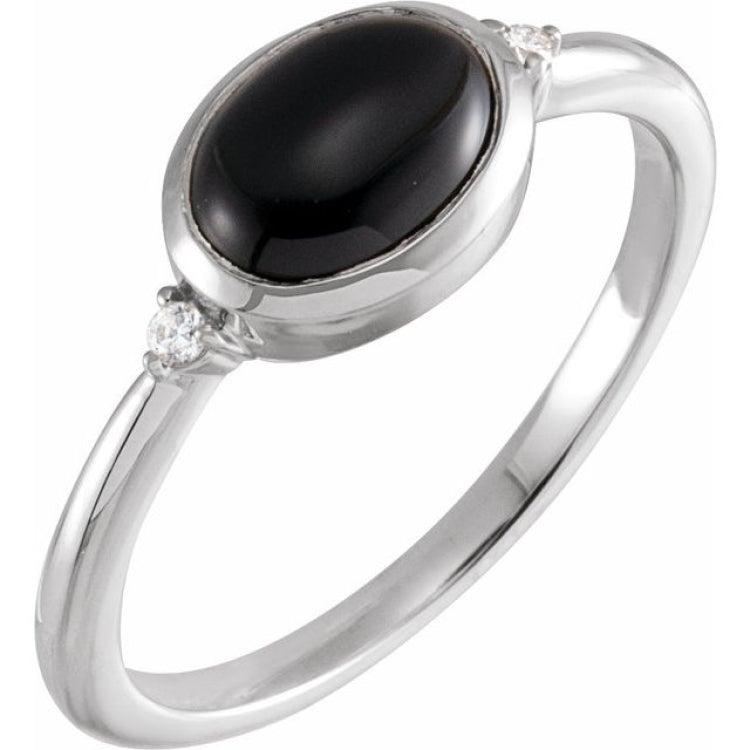 14K White Gold 8x6 mm Round Natural Black Onyx & .03 CTW Natural Diamond Ring
