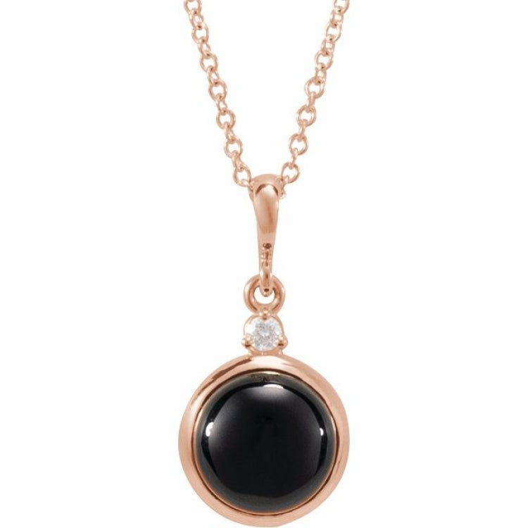 14K Rose Gold 8 mm Natural Black Onyx & .03 CT Natural Diamond Cabochon 16-18" Necklace