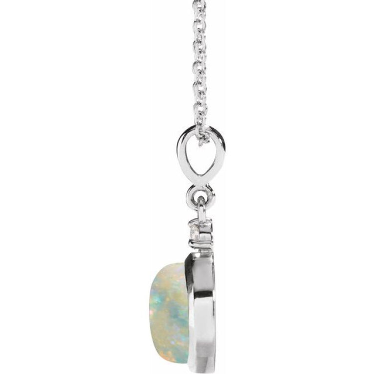 Platinum 8 mm Natural White Opal & .03 CT Natural Diamond Cabochon 16-18" Necklace