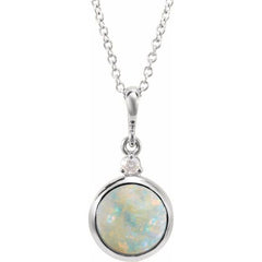 14K White Gold 8 mm Natural White Opal & .03 CT Natural Diamond Cabochon 16-18" Necklace