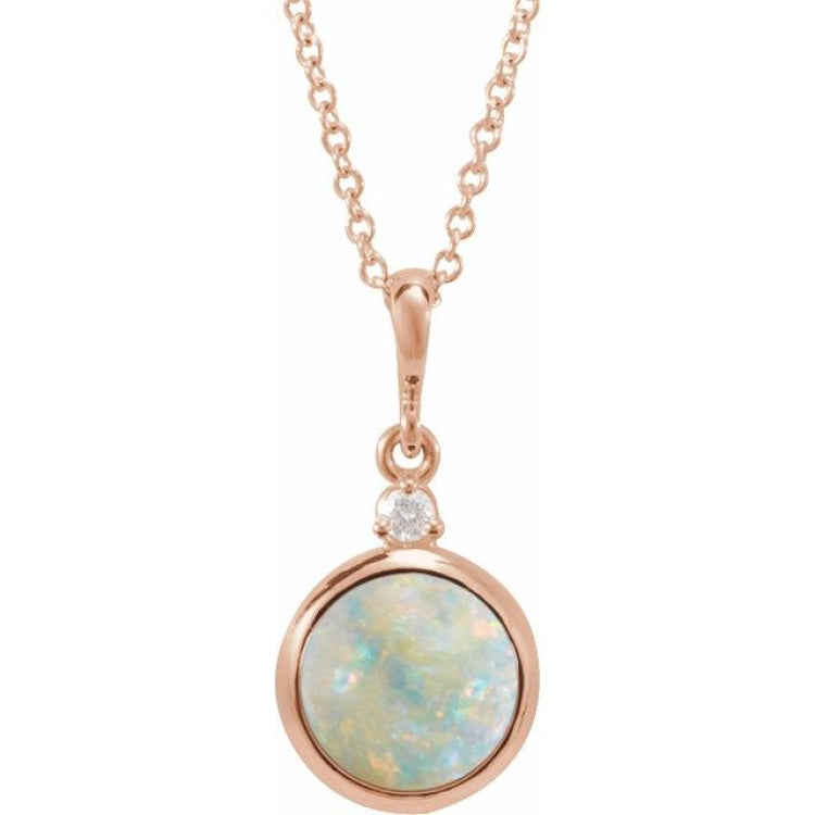 14K Rose Gold 8 mm Natural White Opal & .03 CT Natural Diamond Cabochon 16-18" Necklace